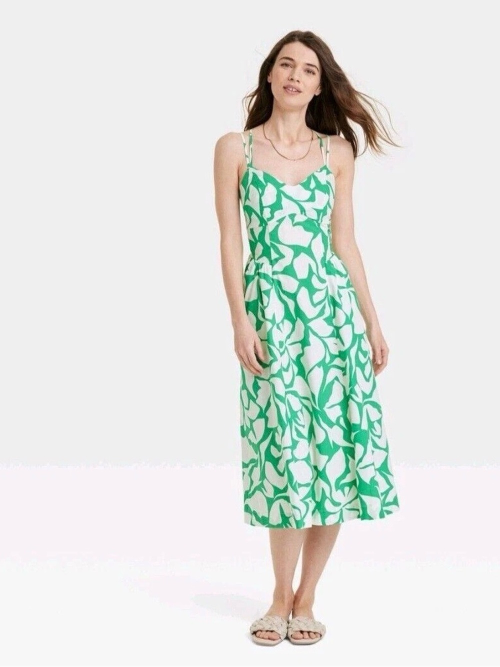 Sleeveless Green Floral Garden Party Midi Dress Small